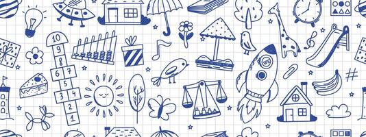 Seamless pattern with kindergarten doodles. Butterfly, toys, flower, umbrella, house, sun, tree, animals and other elements. Scribbled with chalk texture. vector