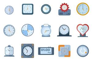 Clock vector icon. A set of clocks with different shapes showing different times. Move forward and backward in time. Alarm clock. Isolated time sumbol. Flat vector illustration on white background.