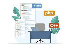 Web development concept. programming language. css, html, it, ui. laptop or computer and Programmer developing website, coding. flat vector illustration on white background.