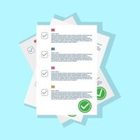 Questionnaire concept, stack of survey sheets or exam papers with list of answered quizzes and assessment of success results, educational test idea, flat style document vector illustration.