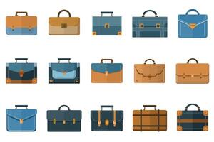 Briefcase vector icon set. Set of realistic briefcases with handles and buckles. Business bag for documents. Office handbag. Isolated vector image for web design in flat style.