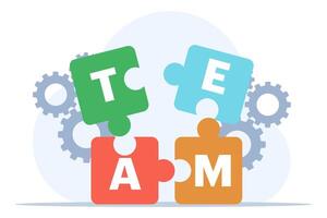 concept of Teamwork in business, Setting Up Separate Puzzle Pieces. connect puzzle elements and look for ideas. Community Cooperation, Collective Work, Partnership. Flat Vector Illustration.