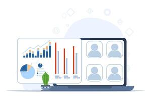 Concept People making project presentation by showing graphs on flipchart and showing laptop, Brainstorming, business presentation concept. flat vector illustration on white background.