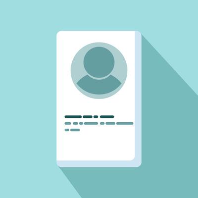 Isolated personal information data concept, flat cartoon style user or profile card details symbol, my account pictogram idea, identity document with person photo and text clipart. Vector illustration