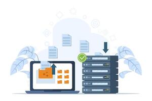 archivo transferir concepto, nube tecnología, subir y descargar, datos respaldo, documento almacenamiento, negocio caracteres transferir archivos Entre dispositivos, plano vector ilustración en antecedentes.