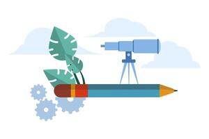 Pencil and binoculars concept looking for creative ideas, talented creative workers. creative designer girl flying with pencil rocket looking through binoculars looking for ideas. vector illustration.