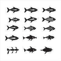 A black silhouette fish bone line icon set vector