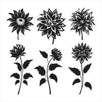 un negro silueta dalia flor conjunto vector