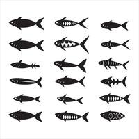 A black silhouette fish bone line icon set vector