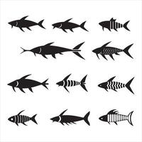 A black silhouette fish bone line icon set vector