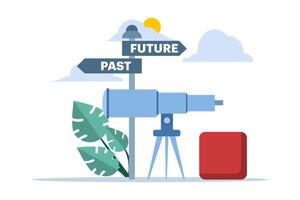 Past and future concept. The metaphor moves forward. Choice between past and future. Business alternatives. Modern flat cartoon style. Vector illustration on white background