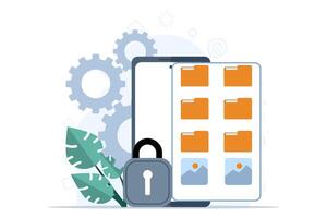 concept of File manager and data storage. file management administration, data archiving concept, folder, gallery, administration. A computer or mobile phone searches and indexes document files. vector