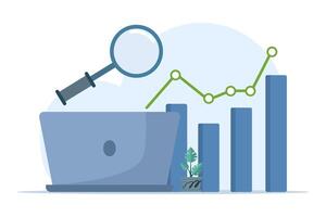 plano ilustración concepto de negocio actuación datos análisis, buscar motor mejoramiento, mercado investigación grafico, datos análisis, financiero informe, negocio estrategia. plano vector ilustración.