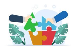 concept of Teamwork in business, Setting Up Separate Puzzle Pieces. connect puzzle elements and look for ideas. Community Cooperation, Collective Work, Partnership. Flat Vector Illustration.