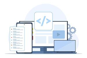 Web development or programming language concept. css, html, it, ui. Cartoon character programmer developing website, coding. flat vector illustration on white background.