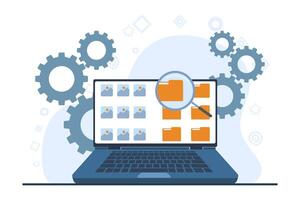 concept of File manager and data storage. file management administration, data archiving concept, folder, gallery, administration. A computer or mobile phone searches and indexes document files. vector