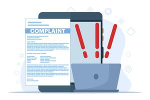 concept of online complaint, Claim petition, Dislike, Bad user experience, Bad review, Negative feedback, Action to resolve the problem. Flat illustration vector template.