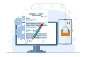 business contract concept, agreement illustration, teamwork and collaboration, partnership, business startup strategy, cooperation agreement in business or partnership. flat vector illustration.