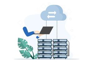 concept of cloud computing, data center, file management, cloud storage, web hosting service. Database for documents and files. Upload and download data, file management. Data transfer, backup. vector