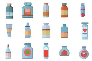 Set of medicine bottles with labels. Medicines, medicines, hospital medicines come with labels. Medicine, pharmacy concept. Empty bottles for medicine, vitamins etc. Flat vector illustration.