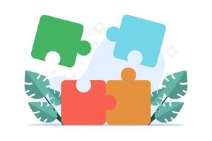 concept of Teamwork in business, Setting Up Separate Puzzle Pieces. connect puzzle elements and look for ideas. Community Cooperation, Collective Work, Partnership. Flat Vector Illustration.