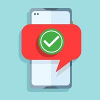 Smartphone and check mark notification, flat cartoon mobile phone approve check notification, check mark idea update successful, accepted, completed action on mobile phone, yes or upvote. vector