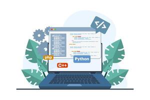 Web development concept. programming language. css, html, it, ui. laptop or computer and Programmer developing website, coding. flat vector illustration on white background.