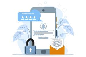 2 step authentication concept. secure login, password verification or sms with push code message on smart phone or desktop pc computer for site, flat vector illustration on background.