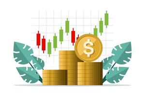 Stock market trader concept, technical analysis to buy and sell shares for profit, investment or wealth management, following trends, dollar coins with charts and graphs. flat vector illustration.