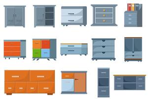 A set of flat vector cupboards of various shapes, tall cupboards, wide bookcases, kitchen cupboards with drawers. Each vector features unique details. This vector can be used in various design project