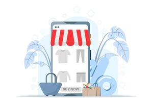 concept of online shopping, e-commerce, flash sale, discount, cashless payment, digital, people doing online shopping transactions, smartphones and shopping cards doing online shopping. vector