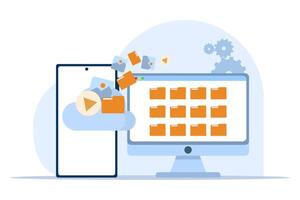 Concept of cloud storage, file downloading, database protection, data center, file management, computer system using cloud server. Digital documents and messages using modern connected PC technology. vector