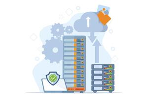 concepto de nube almacenamiento, archivo descargando, base de datos proteccion, datos centro, archivo gestión, computadora sistema utilizando nube servidor. digital documentos y mensajes utilizando moderno conectado ordenador personal tecnología. vector