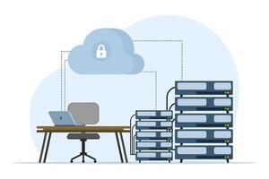 concept of cloud computing, data center, file management, cloud storage, web hosting service. Database for documents and files. Upload and download data, file management. Data transfer, backup. vector