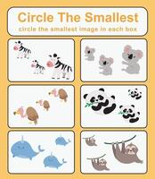 Circle the smallest worksheet. Learning about comparison. Printable activity page for kids. Educational children game vector