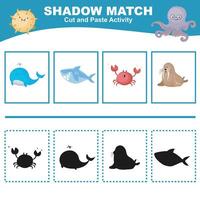 Cut the image in each box and glue it on each shadow. Find the correct shadow. Cut and paste activity for children. vector