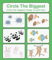 Circle the bigger worksheet. Learning about comparison. Printable activity page for kids. vector