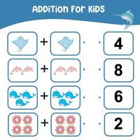 Addition for kids worksheet. Kids educational game. Lets count together. Printable educational worksheet activity. Exercise for children to recognize the number. vector