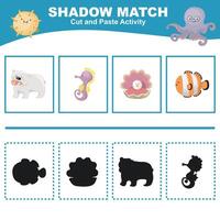 Cut the image in each box and glue it on each shadow. Find the correct shadow. Cut and paste activity for children. vector