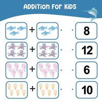 Addition for kids worksheet. Kids educational game. Lets count together. Printable educational worksheet activity. Exercise for children to recognize the number. vector