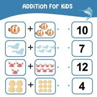 Addition for kids worksheet. Kids educational game. Lets count together. Printable educational worksheet activity. Exercise for children to recognize the number. vector