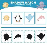 Cut the image in each box and glue it on each shadow. Find the correct shadow. Cut and paste activity for children. vector