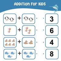 Addition for kids worksheet. Kids educational game. Lets count together. Printable educational worksheet activity. Exercise for children to recognize the number. vector