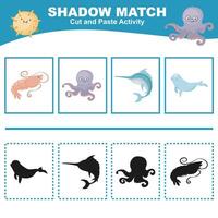 Cut the image in each box and glue it on each shadow. Find the correct shadow. Cut and paste activity for children. vector