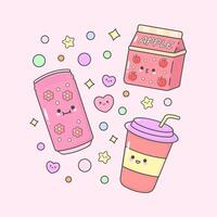 drink beverages can coffee cup milk with cute facial expressions and pastel colour vector