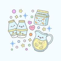 drink beverages banana milk lemonade orange juice with cute facial expressions and pastel colour vector