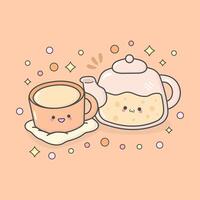 drink beverages tea time with cute facial expressions and pastel colour vector