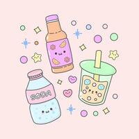 drink beverages soda orange juice tea with cute facial expressions and pastel colour vector