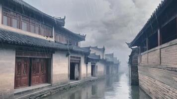 ai generado un antiguo ciudad en China con brumoso clima en el torrencial lluvia video