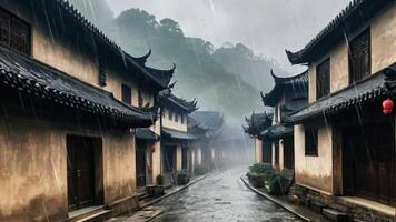 ai generiert ein uralt Stadt im China mit nebelig Wetter im das Gießen Regen video